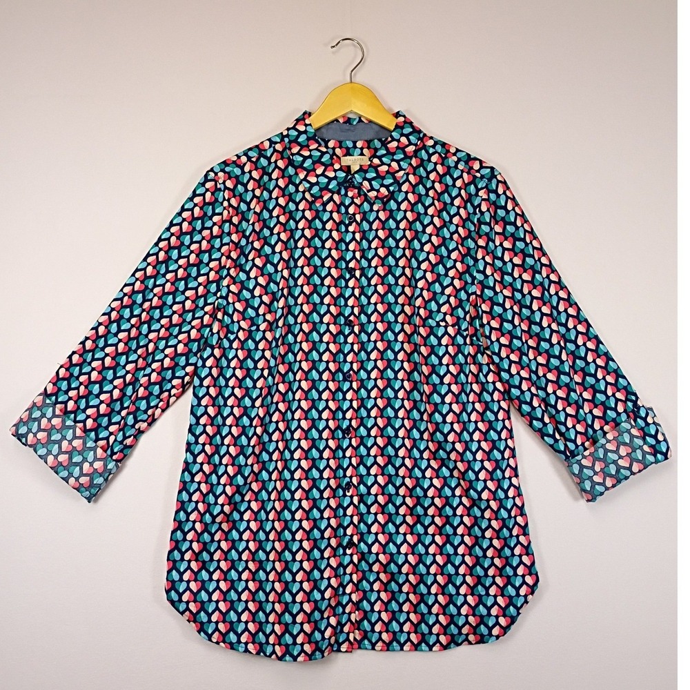Whimsical Heart Print Talbots Womens Size M Navy Blue 3/4 Sleeve Button Up Shirt